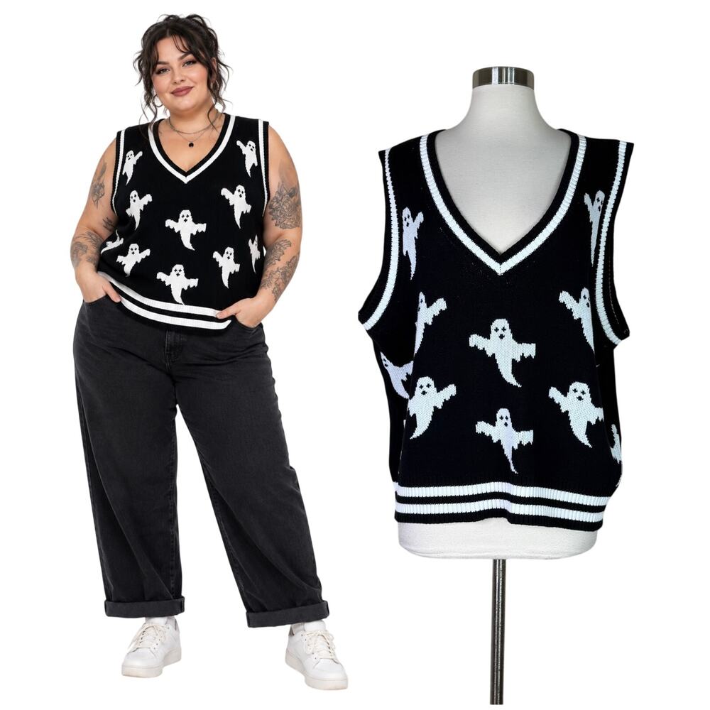 Hell Bunny | Ghost Halloween Black White Cotton Knit Plus Size Sweater Vest 3XL